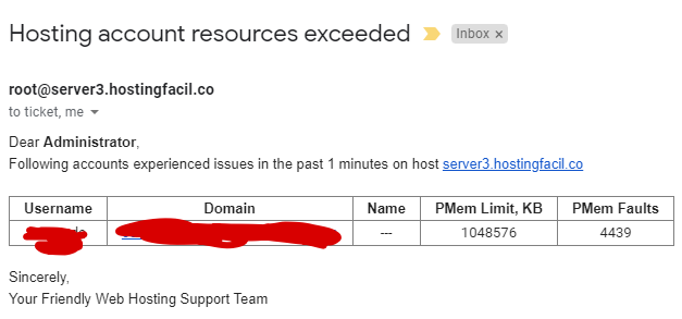 Hosting account resources exceeded